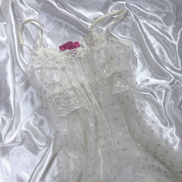 Betsey Johnson Other - y2k Betsey Johnson Chemise White Excellent Silver Polka Dot Mesh Lace Trim S